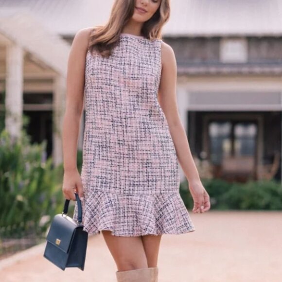 Gal Meets Glam Nwt 'Annika' Drop Waist Tweed Dress In Pink/Navy Size 16
